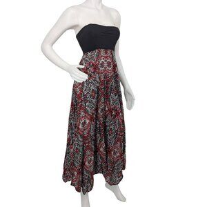 Volcom Strapless Maxi Dress Handkerchief Hem Batik Smocked Boho Festival Size S